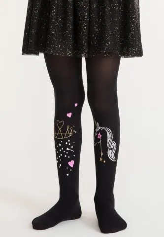 Dres fetițe Penti Young ,,Unicorn Crown" 40 DEN- mat, opac, imprimeu unicorn, culoare negru