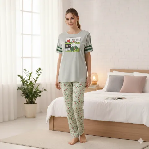 Pijama damă, cu mânecă scurtă  și pantaloni lungi din bumbac, imprimeu ,,Avocado''