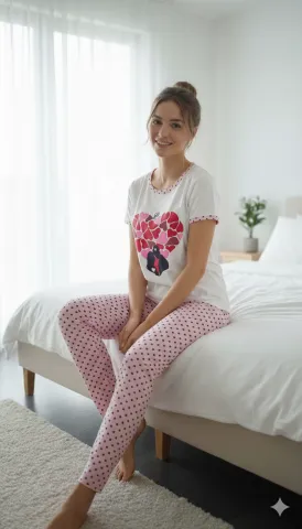 Pijama dama din bumbac cu imprimeu inimioare, maneca scurta si pantaloni lungi