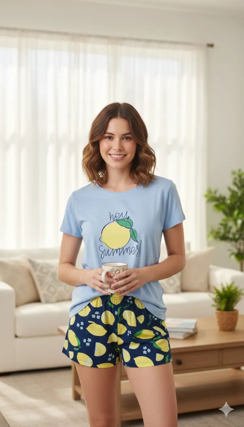 Pijama dama Big Size din bumbac, imprimeu ,,Hey Summer!'', maneca scurta si scurti, albastru - 1