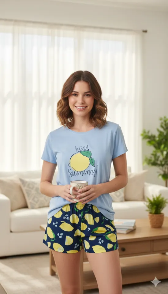 Pijama dama Big Size din bumbac, imprimeu ,,Hey Summer!'', maneca scurta si scurti, albastru