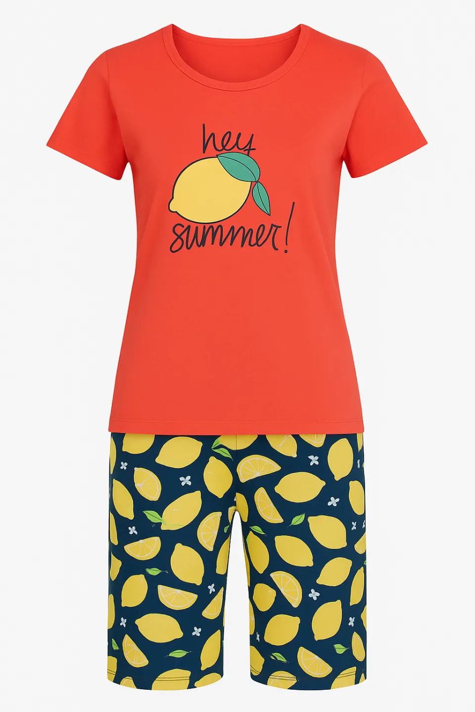 Pijama dama din bumbac, imprimeu ,,Hey Summer!'', maneca scurta si scurti, rosu - 1