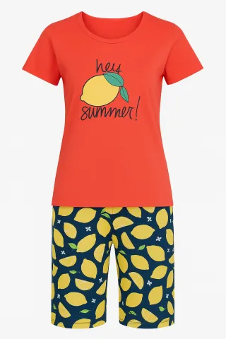 Pijama dama din bumbac, imprimeu ,,Hey Summer!'', maneca scurta si scurti, rosu