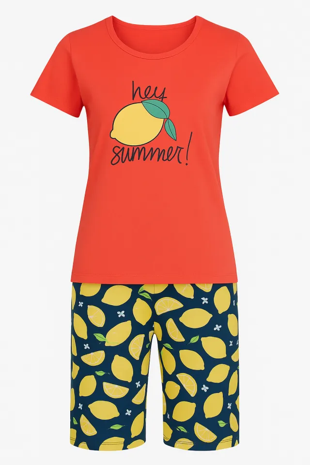 Pijama dama din bumbac, imprimeu ,,Hey Summer!'', maneca scurta si scurti, rosu