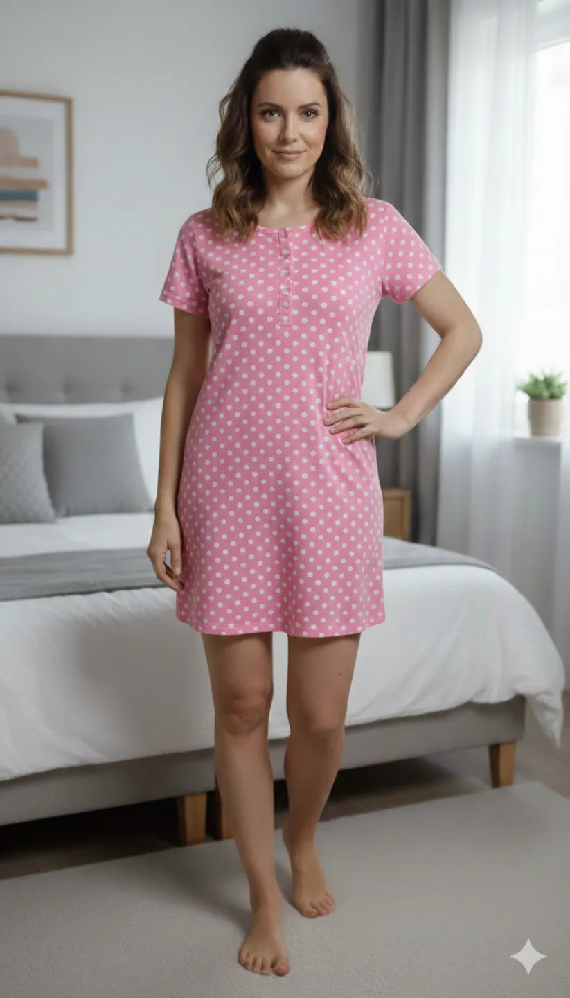 Rochie dama din bumbac, imprimeu buline, maneca scurta pana la genunchi, roz - 1