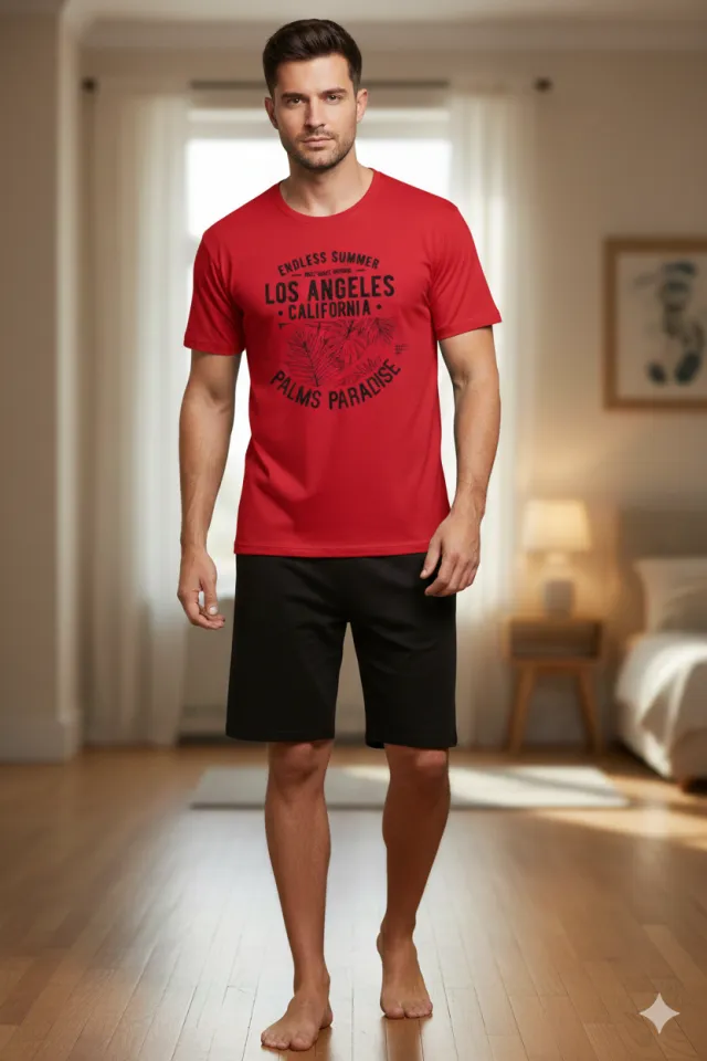 Pijama barbati din bumbac, bluza cu maneca scurta si pantaloni scurti, imprimeu ,,Los Angeles'', rosu