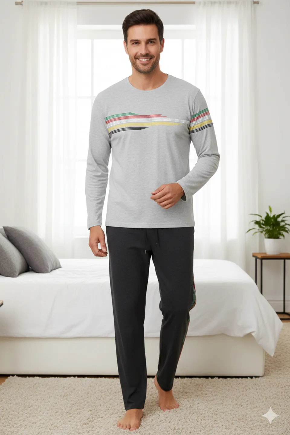 Pijama barbati din bumbac, bluza cu maneca lunga si pantaloni lungi, imprimeu dungi, gri - 1