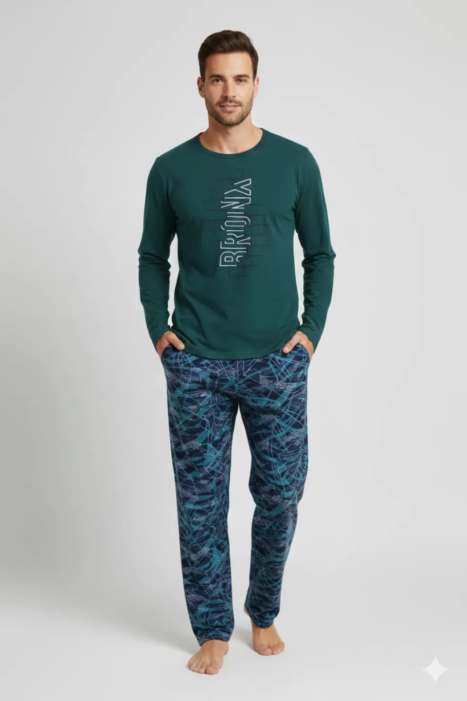 Pijama Polar pentru bărbați cu manecă lungă si pantaloni lungi, culoare verde - 1