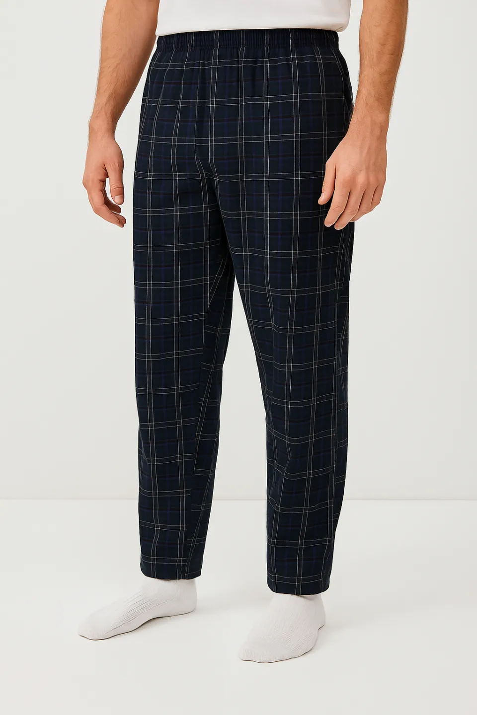 Pantaloni lungi de pijama bărbătești cu elastic în talie, culoare bleumarin, imprimeu carouri - 1