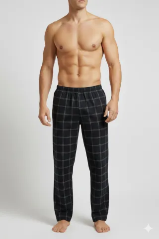 Pantaloni lungi de pijama bărbătești cu elastic în talie, imprimeu negru cu dungi colorate