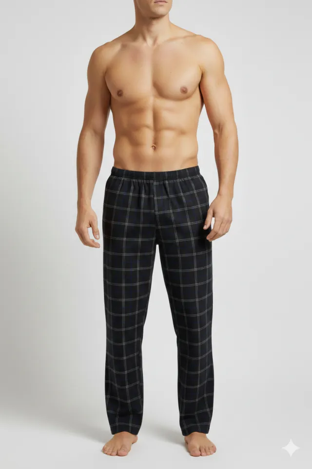 Pantaloni lungi de pijama bărbătești cu elastic în talie, imprimeu negru cu dungi colorate