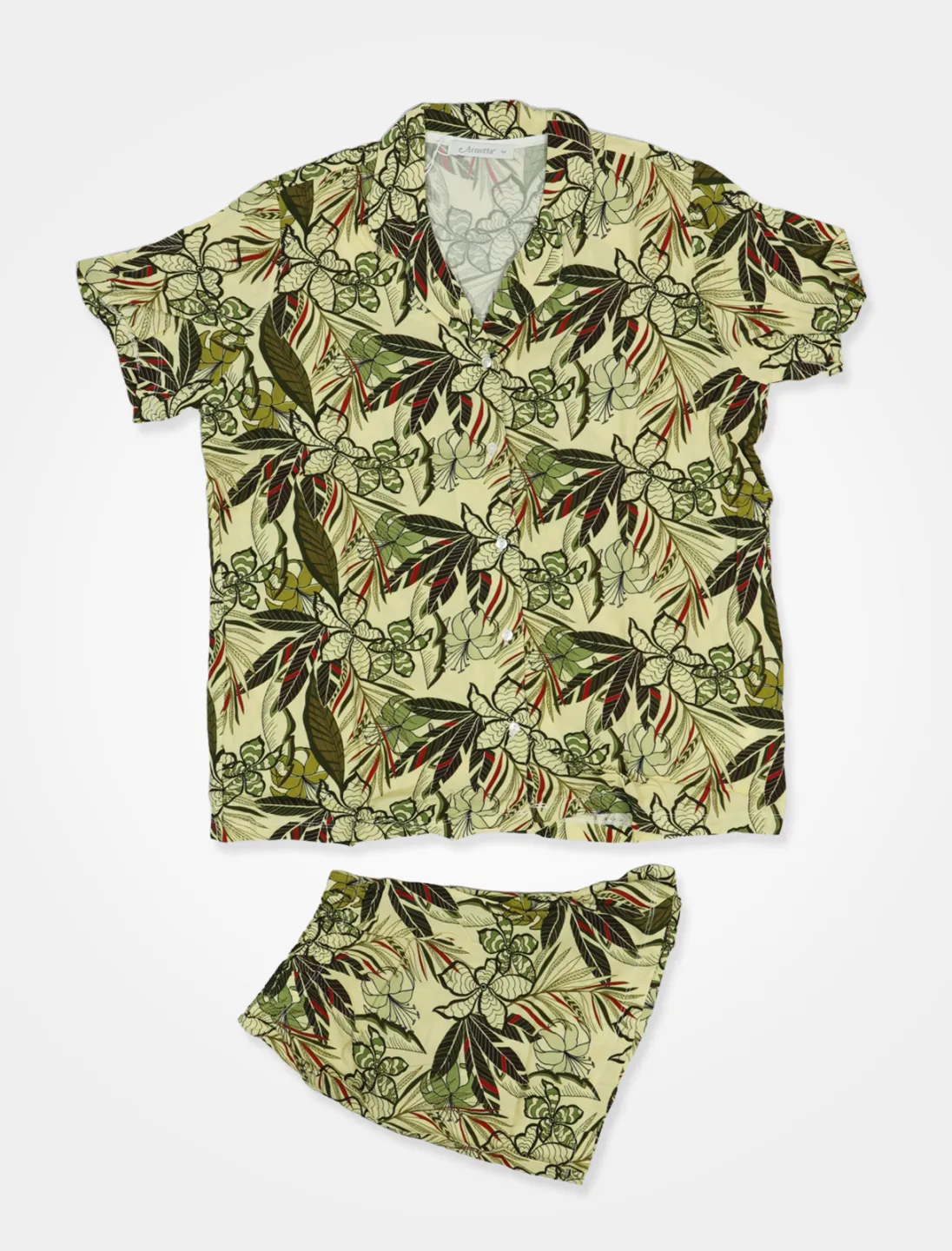 Pijama damă cu bluză cu nasturi, mânecă scurtă și pantaloni scurți, imprimeu floral, verde - 1