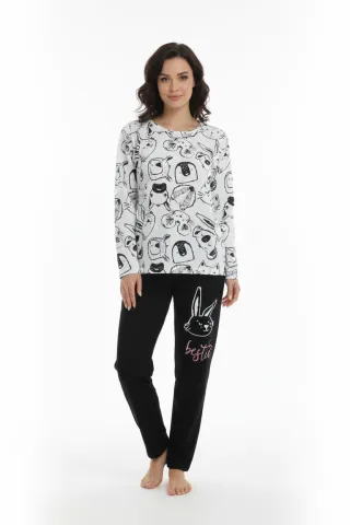 Pijamale damă cu mânecă lungă și pantaloni lungi, imprimeu Cat Day, alb