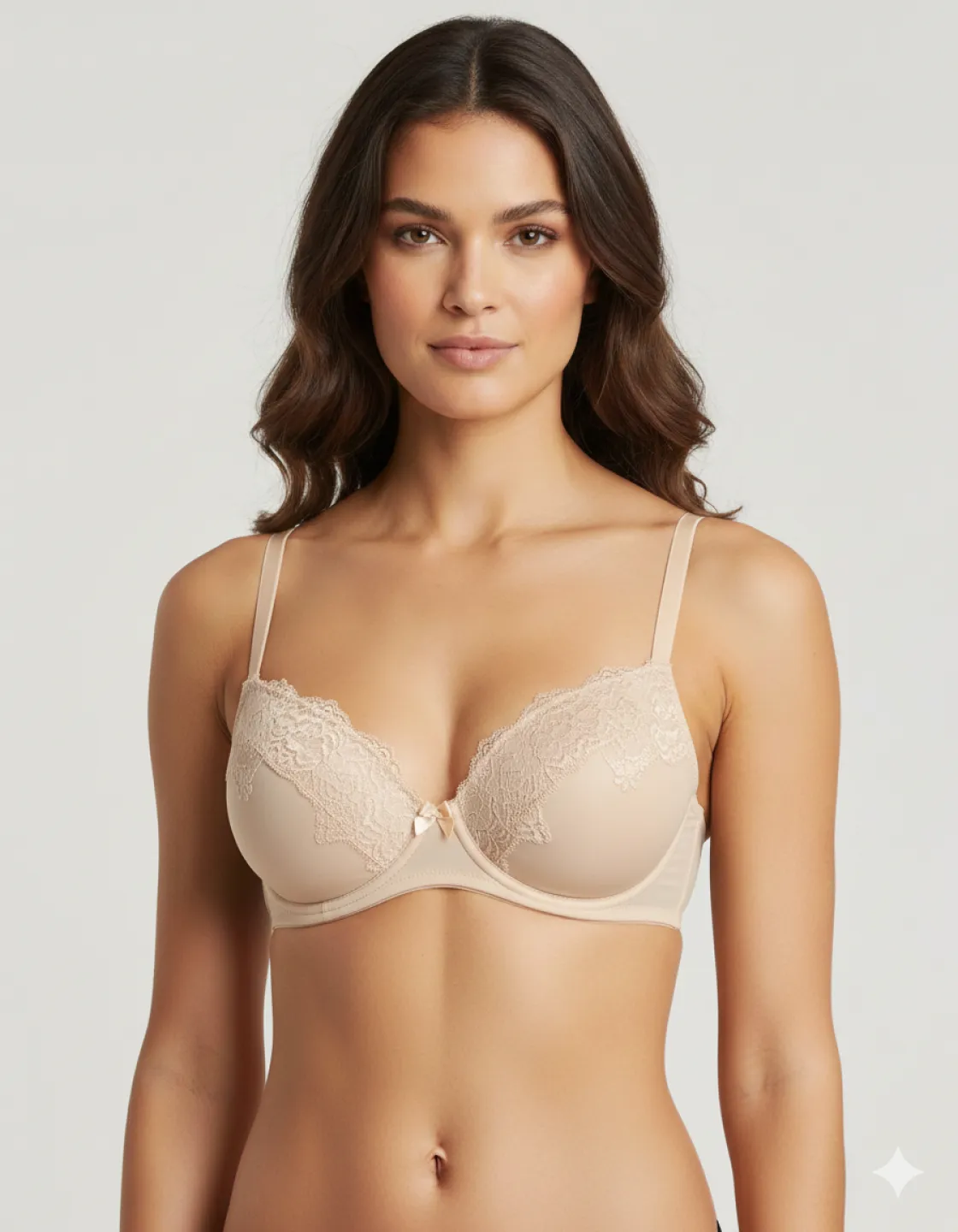 Sutien damă cu dantelă, efect push-up, și sârmă de susținere , culoare bej - 1