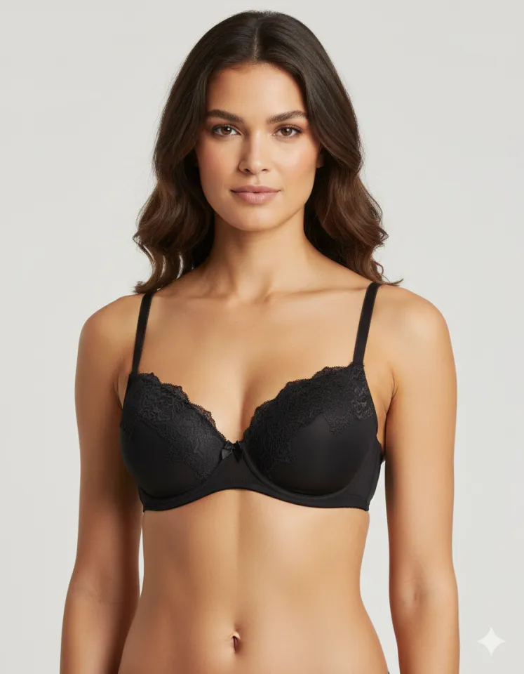 Sutien damă cu dantelă, efect push-up, și sârmă de susținere , culoare negru