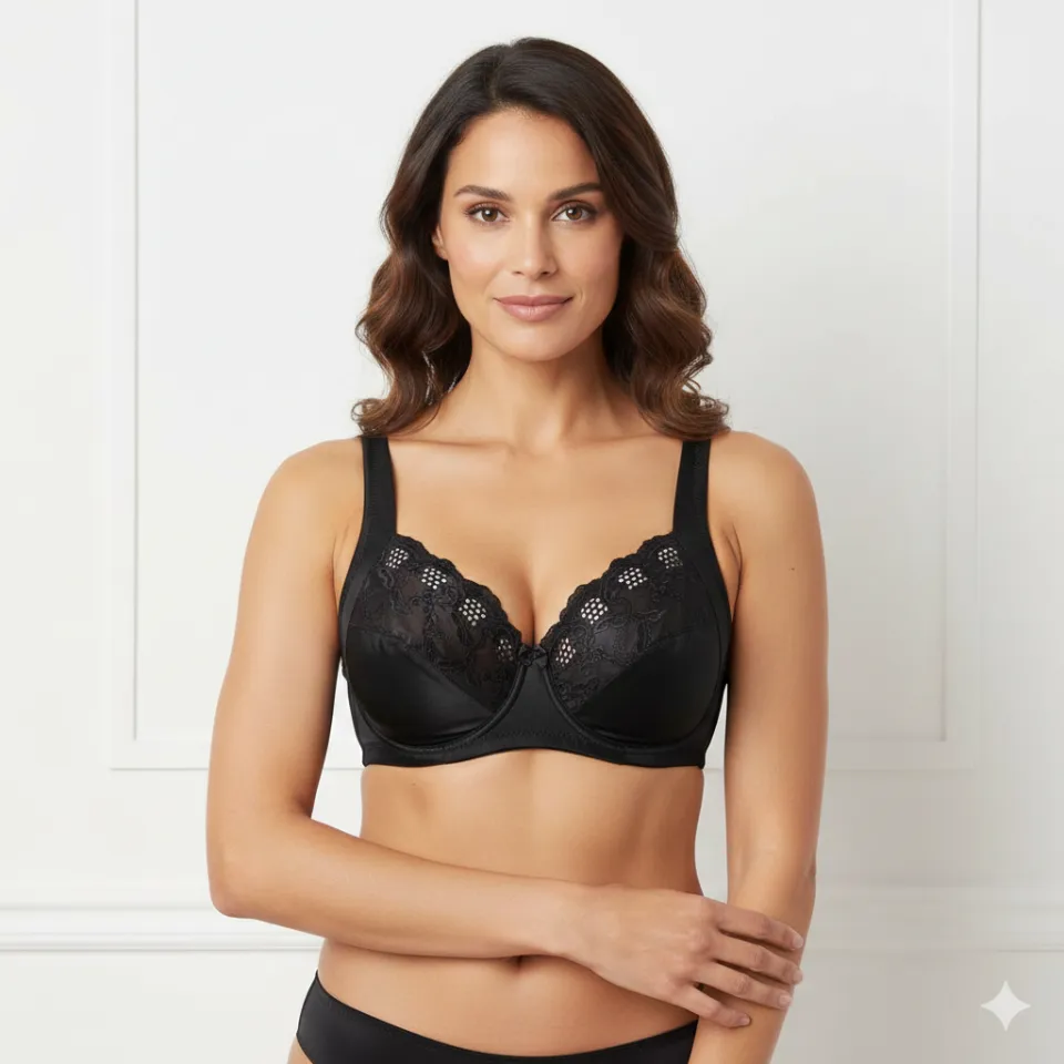 Sutien damă minimizer cu dantelă și cupe moi, culoare negru