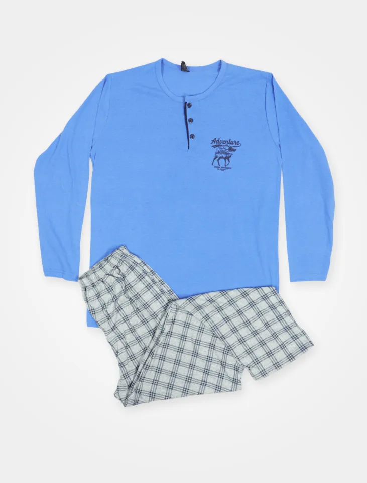 Pijama pentru bărbați, mânecă lungă și pantaloni lungi, albastru