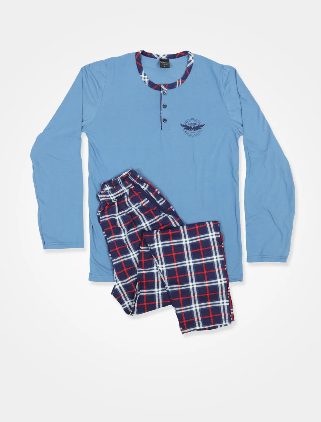 Pijama pentru bărbați, bumbac- mânecă lungă și pantaloni lungi, albastru - 1