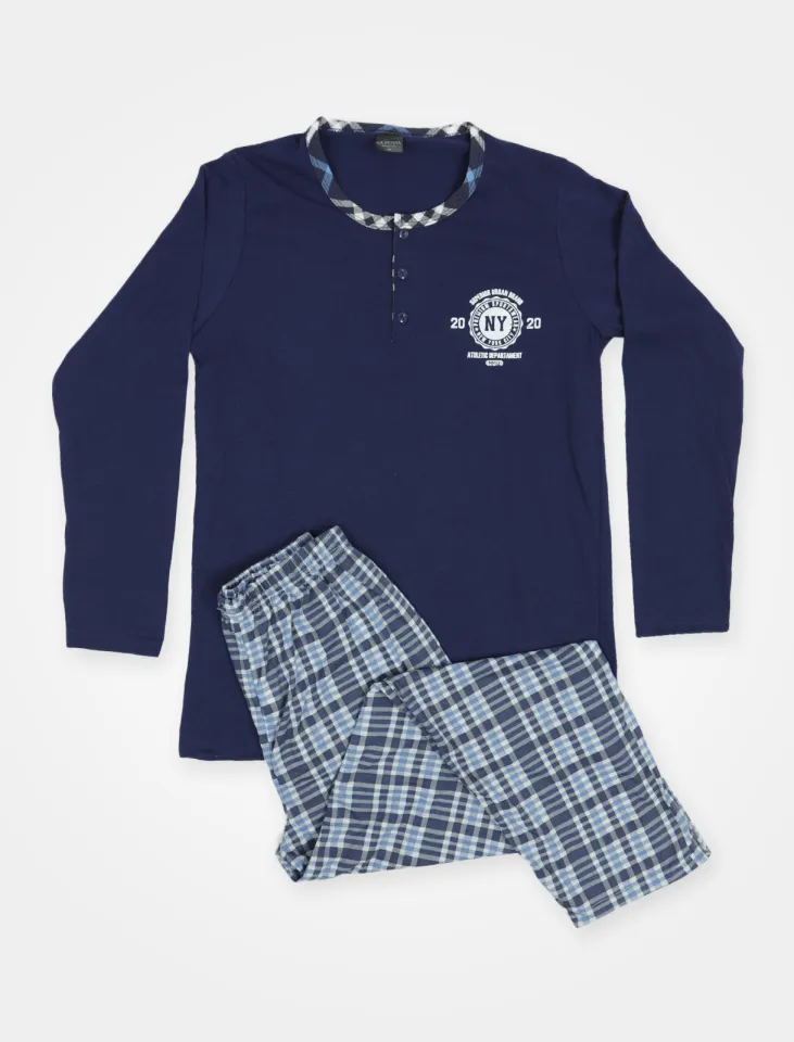 Pijama pentru bărbați , mânecă lungă și pantaloni lungi, bleumarin
