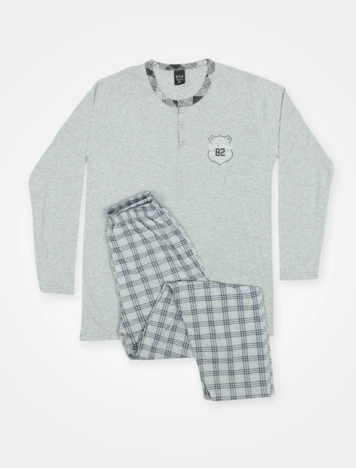 Pijama pentru bărbați, mânecă lungă și pantaloni lungi, gri