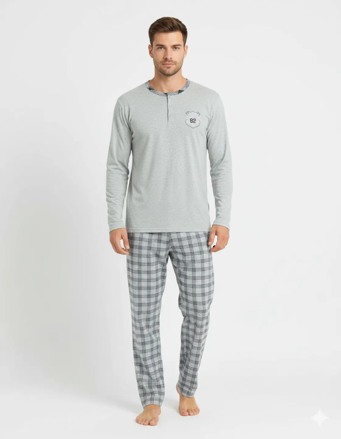 Pijama pentru bărbați, mânecă lungă și pantaloni lungi, gri - 1