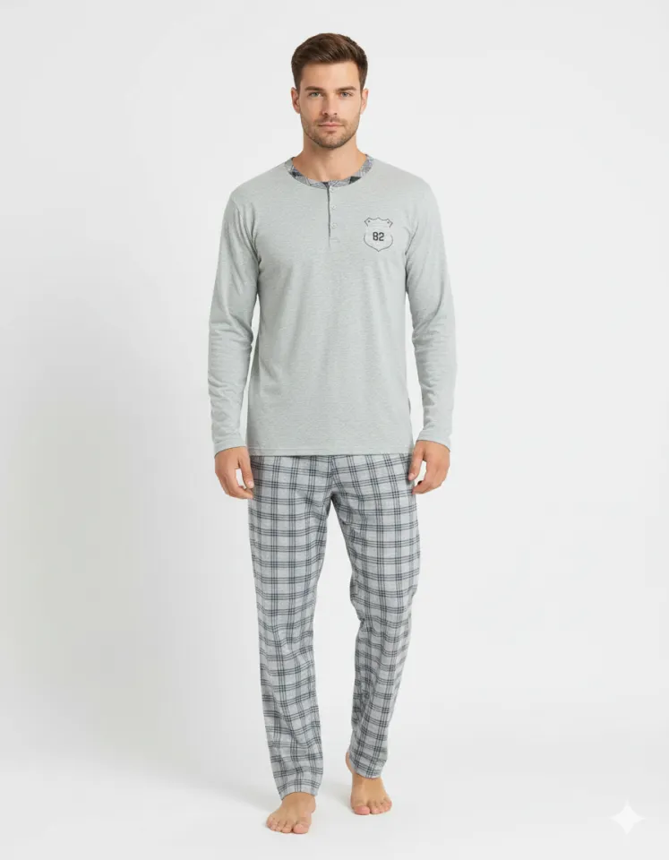 Pijama pentru bărbați, mânecă lungă și pantaloni lungi, gri