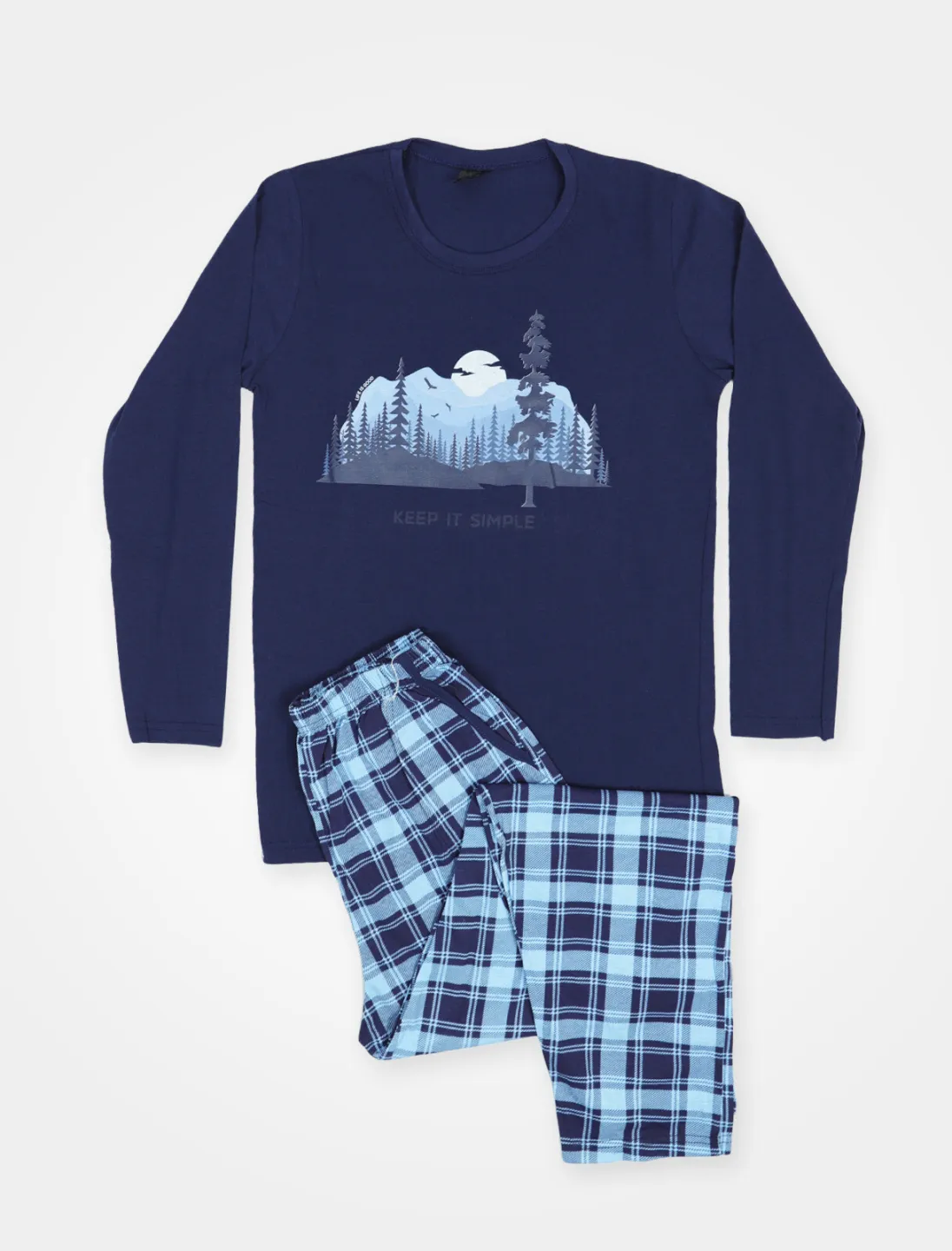 Pijama pentru bărbați, bumbac, mânecă lunga și pantaloni lungi, bleumarin - 1