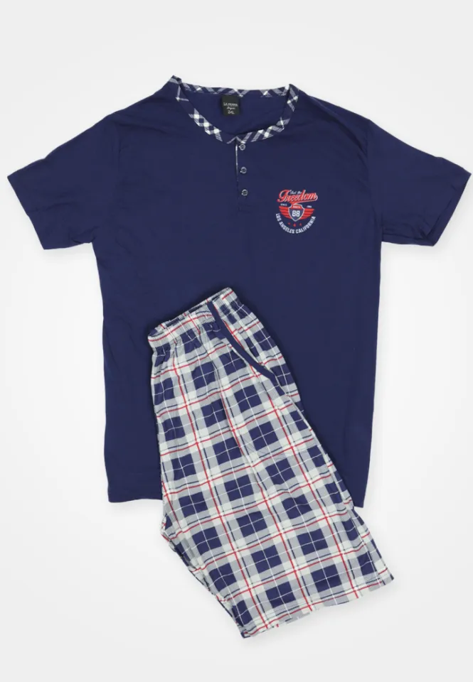 Pijama pentru bărbați, bumbac, mânecă scurtă și pantaloni scurți, bleumarin