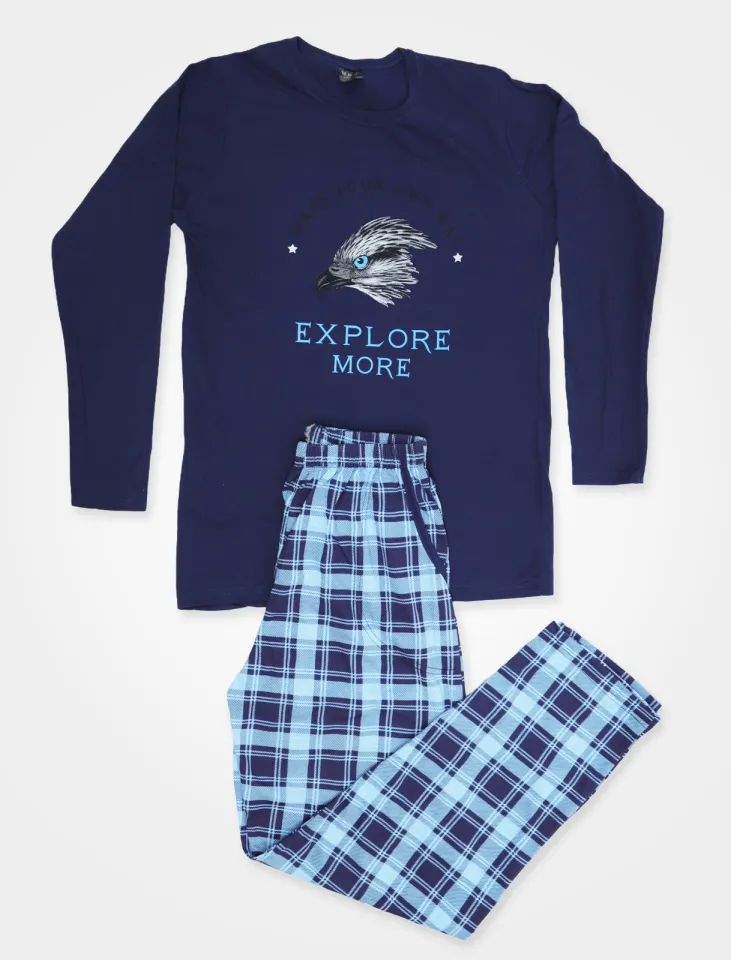 Pijama pentru bărbați, bumbac, mânecă lungă și pantaloni lungi, bleumarin