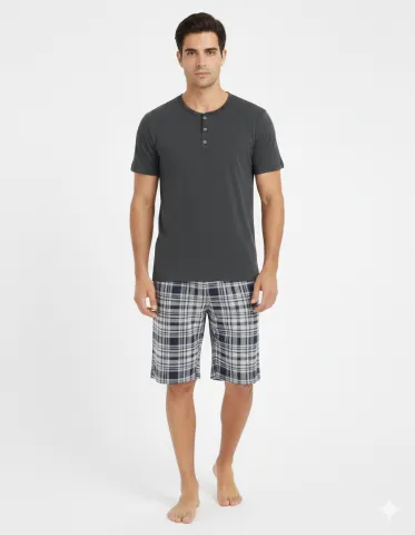 Pijama pentru bărbați, mânecă scurtă și pantaloni scurți, gri
