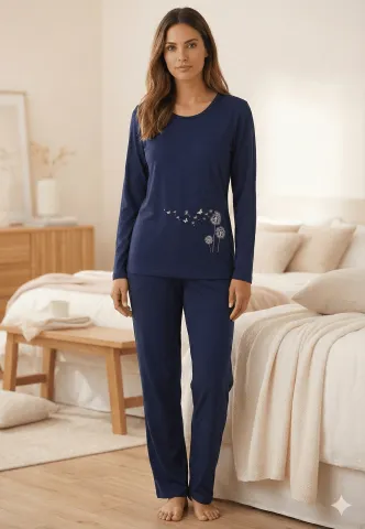 Pijama damă big size din bumbac mânecă lungă și pantaloni lungi