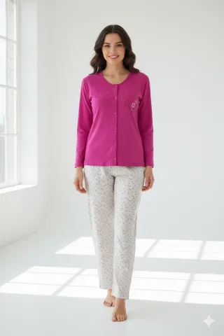 Pijama damă big size din bumbac mânecă lungă și pantaloni lungi
