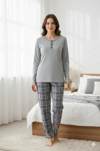 Pijama damă  din bumbac mânecă lungă și pantaloni lungi