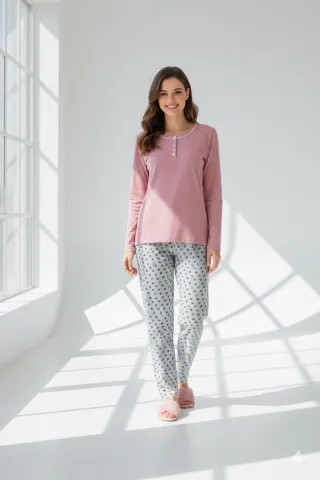 Pijama damă  din bumbac mânecă lungă și pantaloni lungi