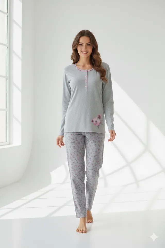 Pijama damă  din bumbac mânecă lungă și pantaloni lungi