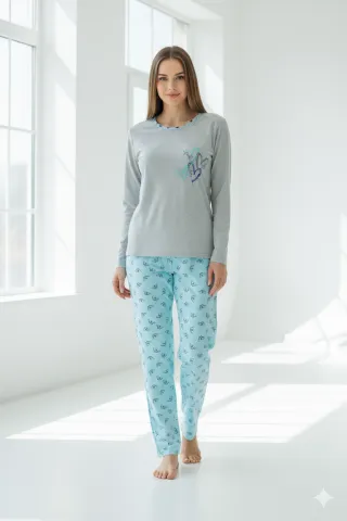 Pijama damă  din bumbac mânecă lungă și pantaloni lungi