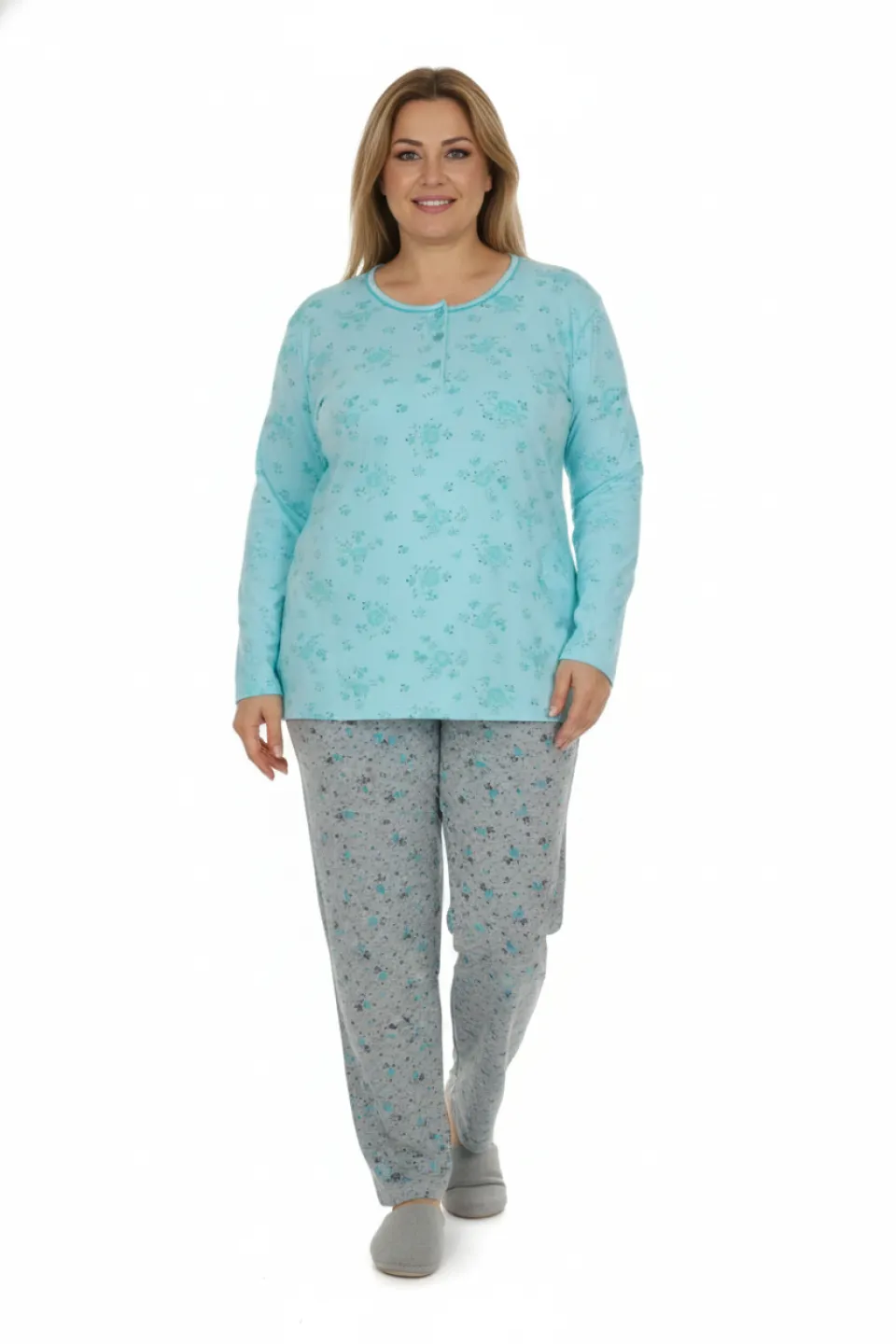 Pijama damă big size din bumbac mânecă lungă și pantaloni lungi - 1