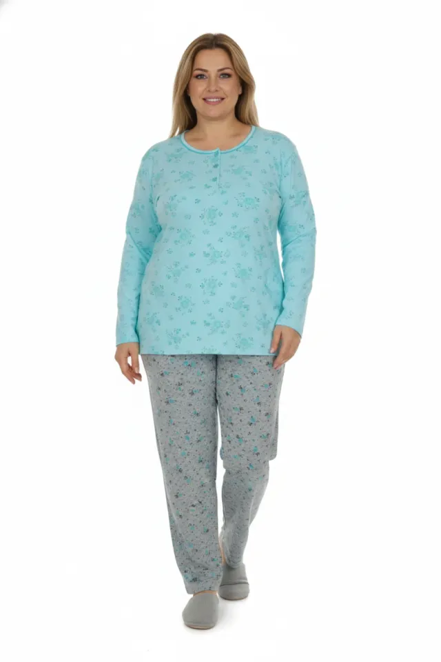 Pijama damă big size din bumbac mânecă lungă și pantaloni lungi