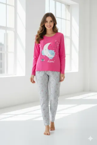 Pijama damă big size din bumbac mânecă lungă și pantaloni lungi