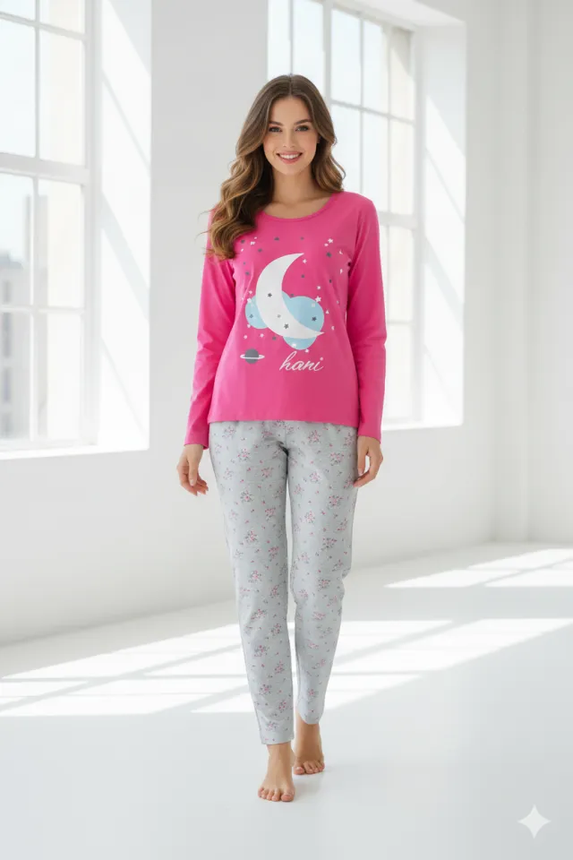 Pijama damă big size din bumbac mânecă lungă și pantaloni lungi