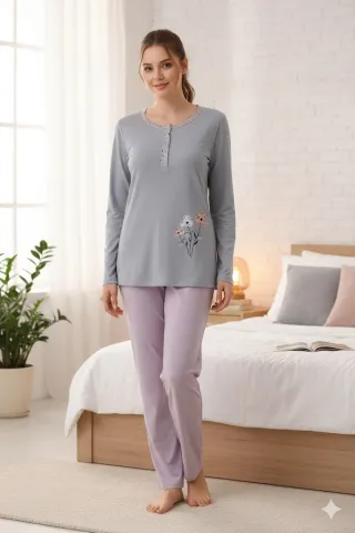 Pijama damă big size din bumbac mânecă lungă și pantaloni lungi