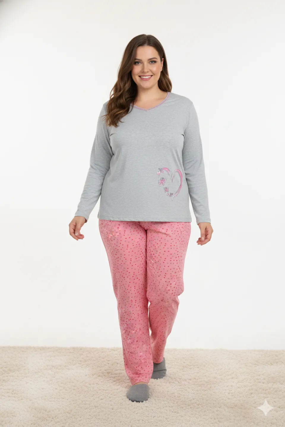 Pijama damă big size din bumbac mânecă lungă și pantaloni lungi - 1