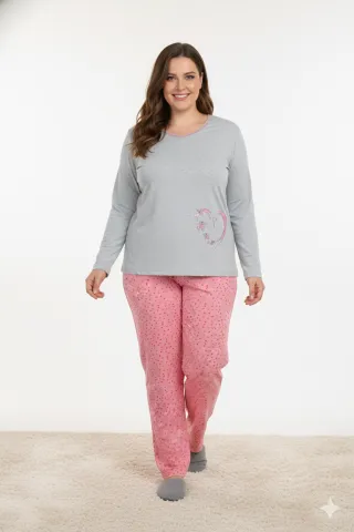 Pijama damă big size din bumbac mânecă lungă și pantaloni lungi