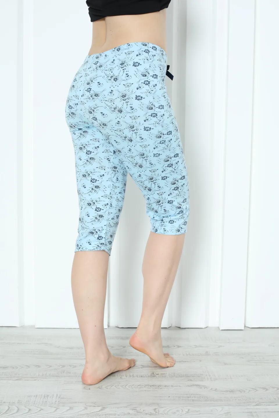 Pantaloni pijama damă 3/4, blue, imprimeu flori - 2