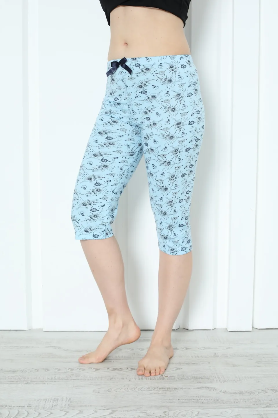 Pantaloni pijama damă 3/4, blue, imprimeu flori - 3