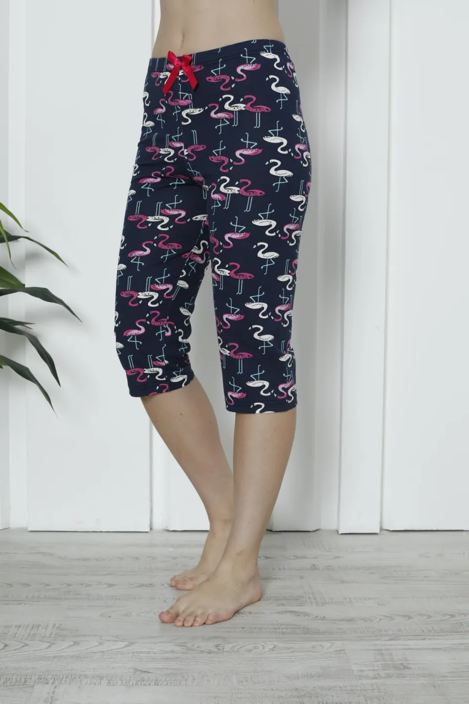 Pantaloni pijama damă 3/4, bleumarin, imprimeu flamingo - 2