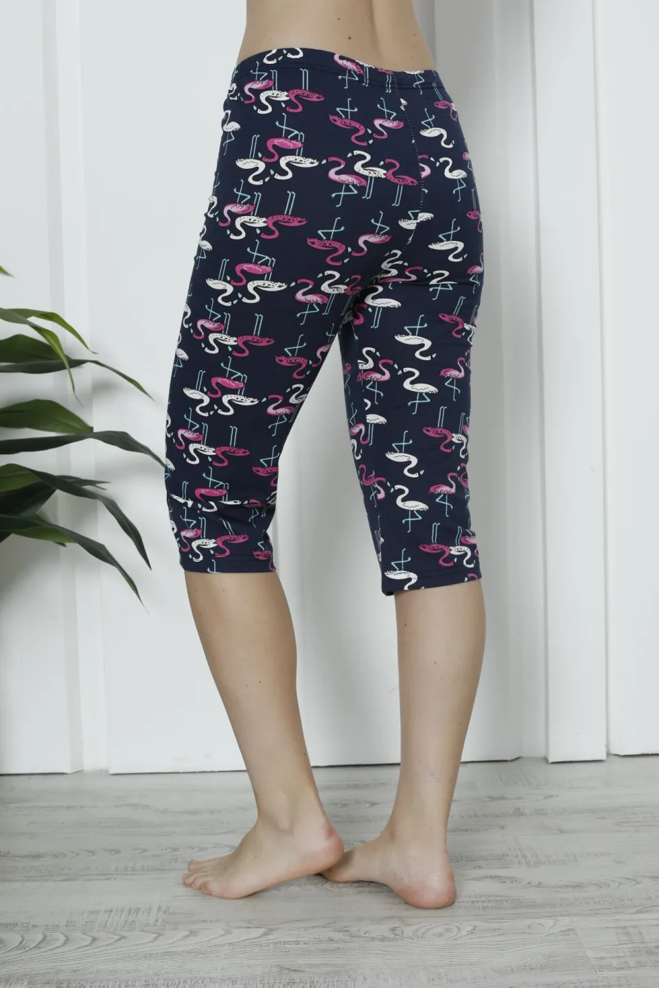 Pantaloni pijama damă 3/4, bleumarin, imprimeu flamingo - 3