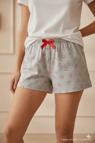 Short damă pijama din bumbac, gri, imprimeu inimi portocalii
