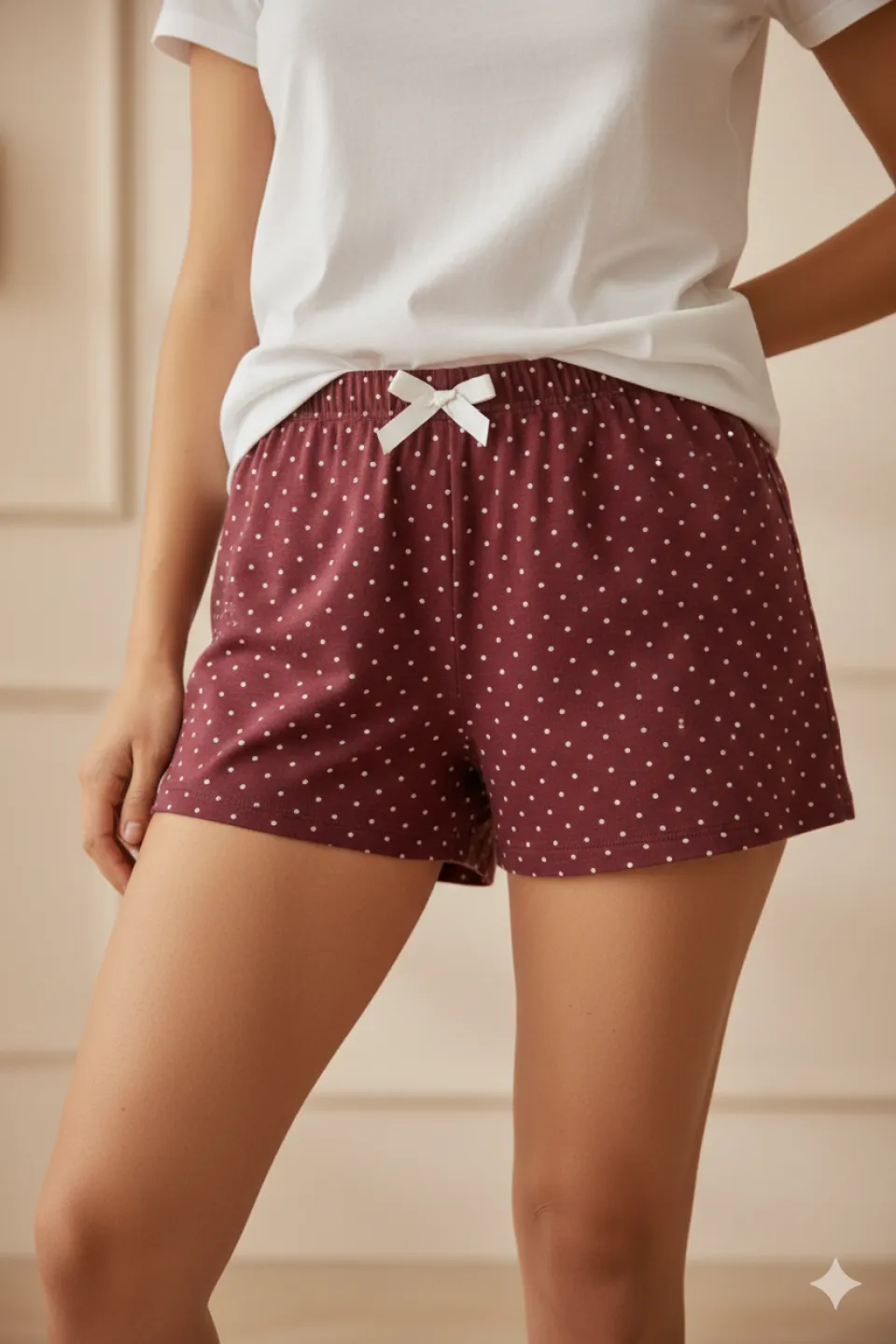 Short damă pijama din bumbac, vișiniu, imprimeu buline - 1