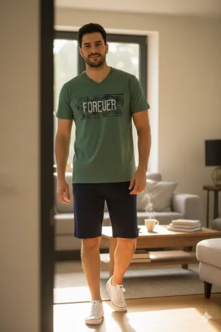 Pijama barbati din bumbac, bluza cu maneca scurta si pantaloni scurti, imprimeu ,,Forever", verde